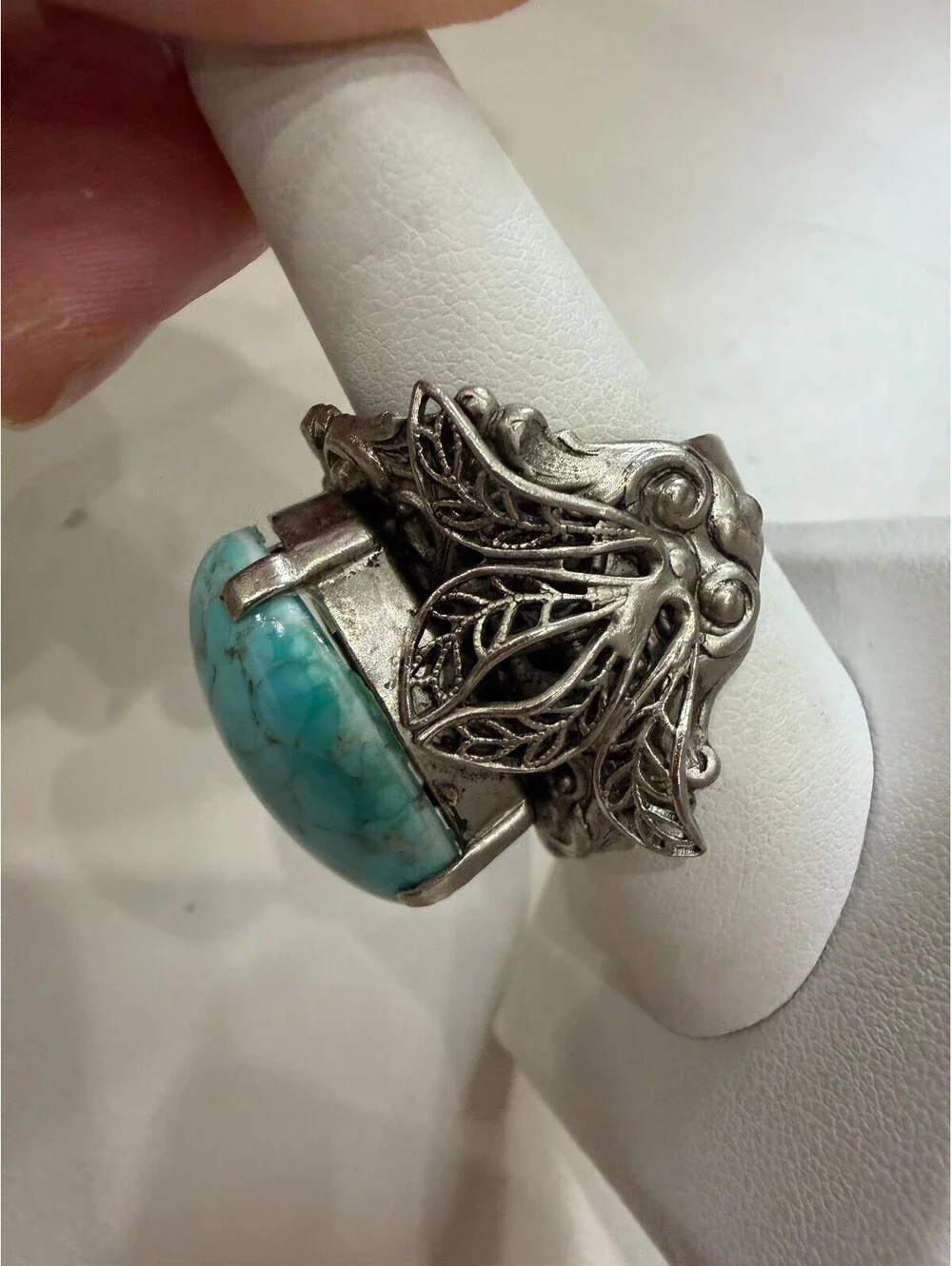 Vintage Silver-Tone Ring with Large Turquoise Stone